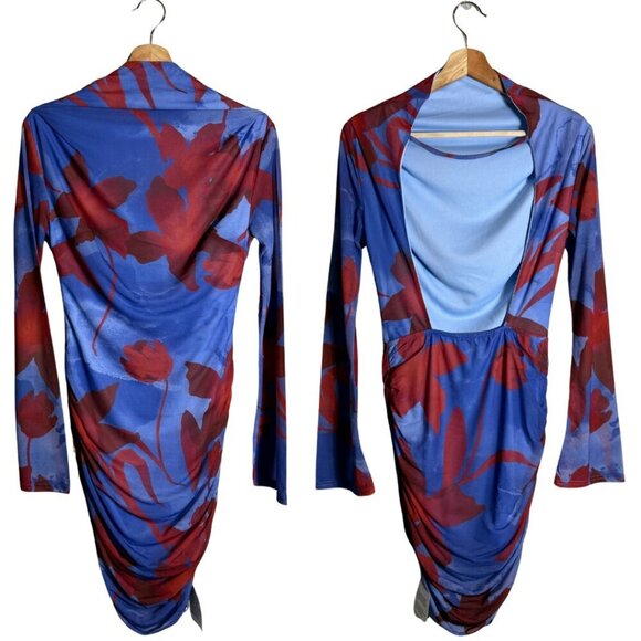 ASOS High Neck Backless Floral Mesh Mini Dress Women's 6 Blue Red Going Out NWT - Picture 3 of 16